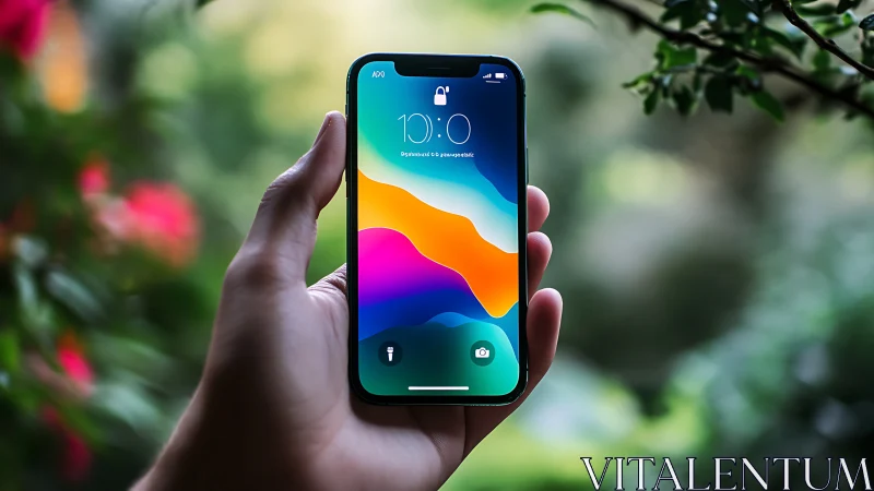 Hand holding smartphone with gradient wallpaper outdoors.