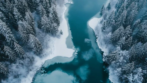 Snow-covered conifer forest borders partially frozen river