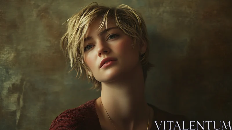 Soft-lit portrait captures contemplative short-haired woman.