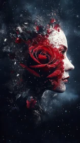 Surreal crimson rose portrait dissolving into starlit void.
