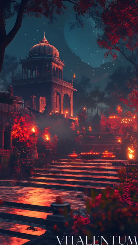 Moonlit temple terrace glows with fiery lantern light.