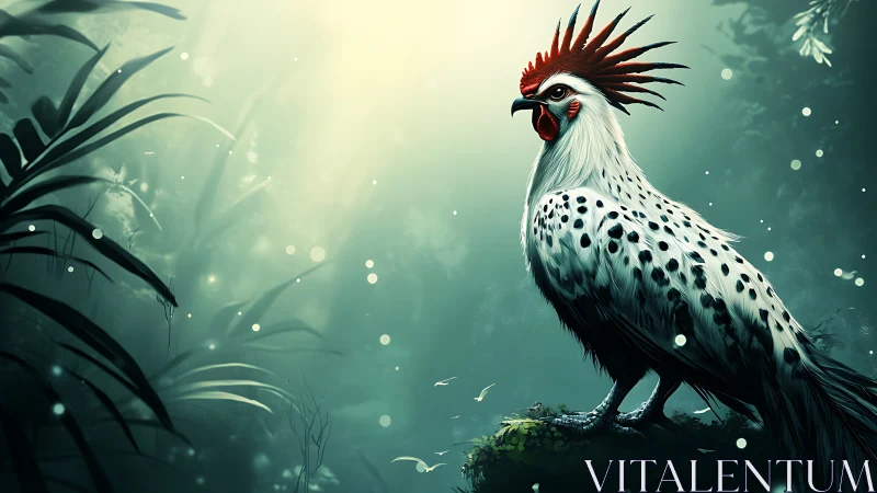 Majestic Spotted Rooster in Lush Jungle, Digital Fantasy Art.