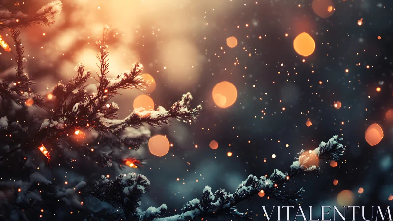 Photorealistic snowy fir branches with warm festive bokeh glow.
