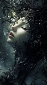 Female face entwined with dark organic tendrils in void.