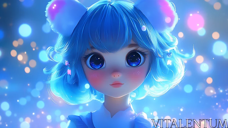 Blue-haired anime girl with glowing bokeh background.