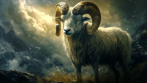 Majestic horned ram under dramatic stormlit alpine sky