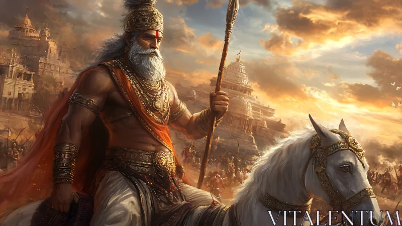 Armored elder warlord on white horse before ancient citadel