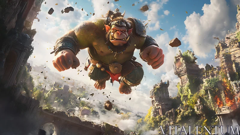 Armored ogre lunges over crumbling ancient city ruin.