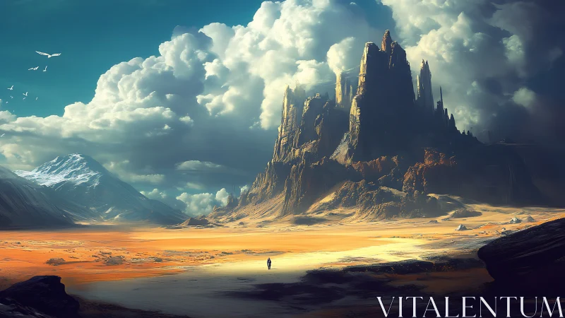 Solitary figure near rocky spires under dense cloud mass.