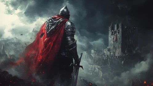 Armored knight faces stormlit fortress under burning sky.
