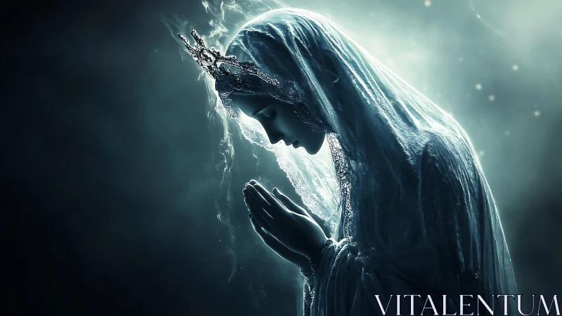 Luminous veiled figure in prayer under ethereal backlight.