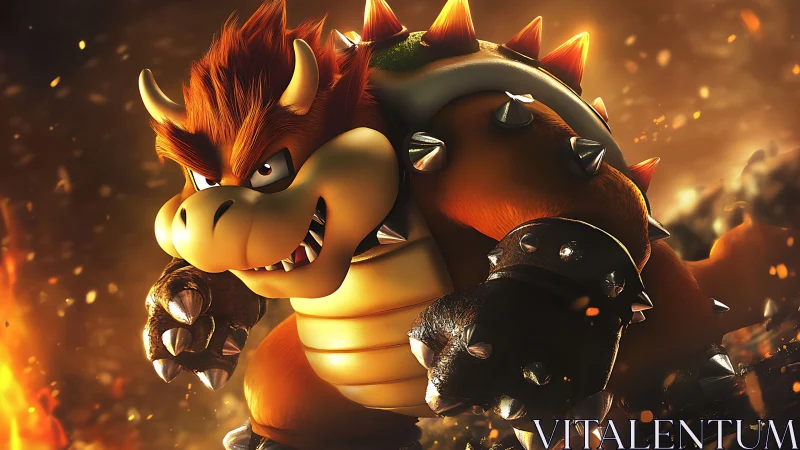 Spiked turtle beast roars inside blazing inferno battlefield.