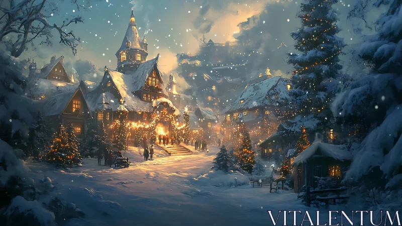 Snow covered village street with illuminated winter houses.