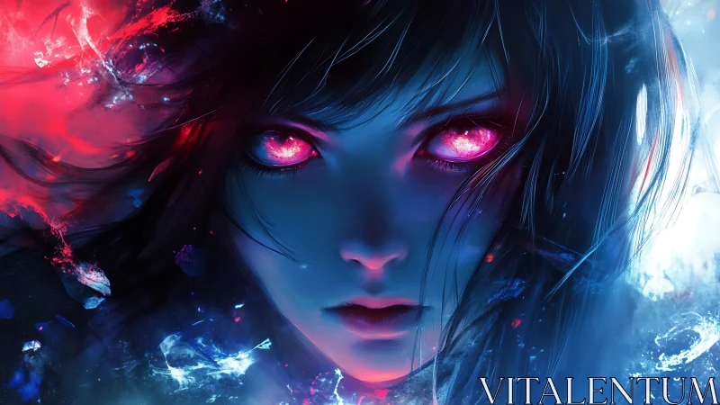 Neon-eyed cyber siren emerges from shattered cosmic light.