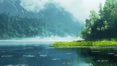 Serene digital lake bordered by dense forest and mist.