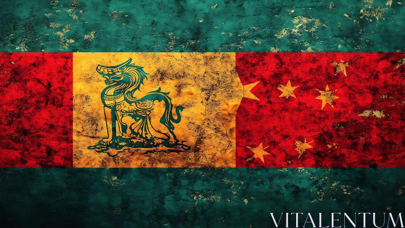 Grunge-textured heraldic flag design with mythic lion emblem.