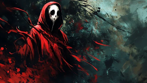 Crimson reaper glides through splintered shadows and bleeding mist