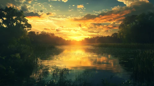 Sunset light over calm forest lake with reflective surface.