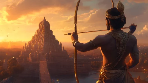 Mythic archer overlooking tiered Dravidian temple at sunset