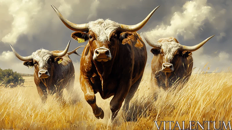 Storm-backed longhorn stampede across sunburnt prairie fields.