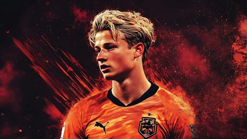 Digital portrait shows footballer in orange jersey against red