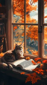 Cozy Autumn Moments: Cat Reading by the Window.