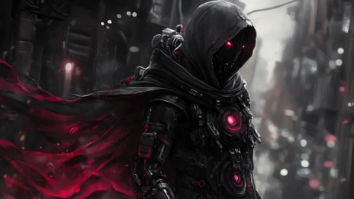 Hooded cybernetic figure with red glowing core in alleyway.