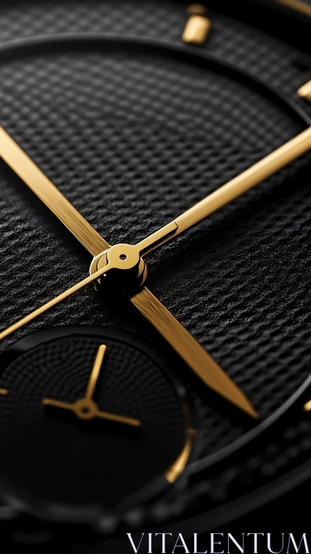 Gold watch hands over black textured luxury dial closeup.