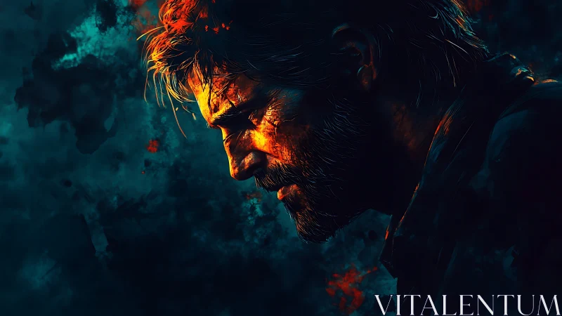 Brooding male profile glows against stormy abstract shadows