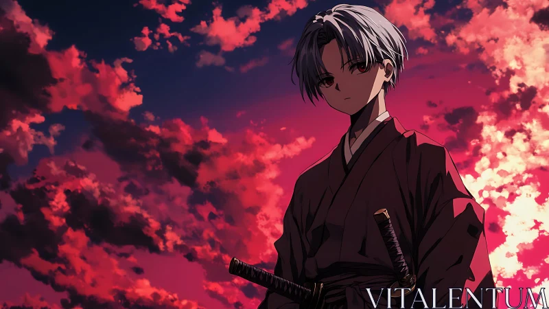 Samurai silhouette under high-saturation crimson cumuliform sky.