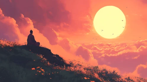 Solitary monk watches vast sun over glowing cloud sea