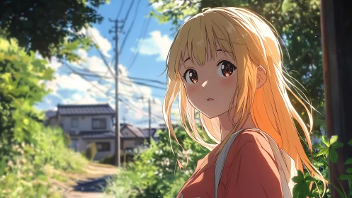 Blonde anime girl on sunlit suburban path, summer foliage