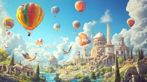 Hot air balloons drift above sunlit fantasy ruins.