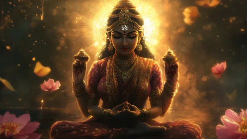 Radiant goddess figure in symmetric lotus pose with luminous halo