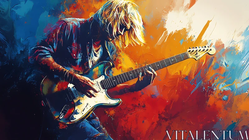 Electric guitar soloist lost in vivid swirling color.