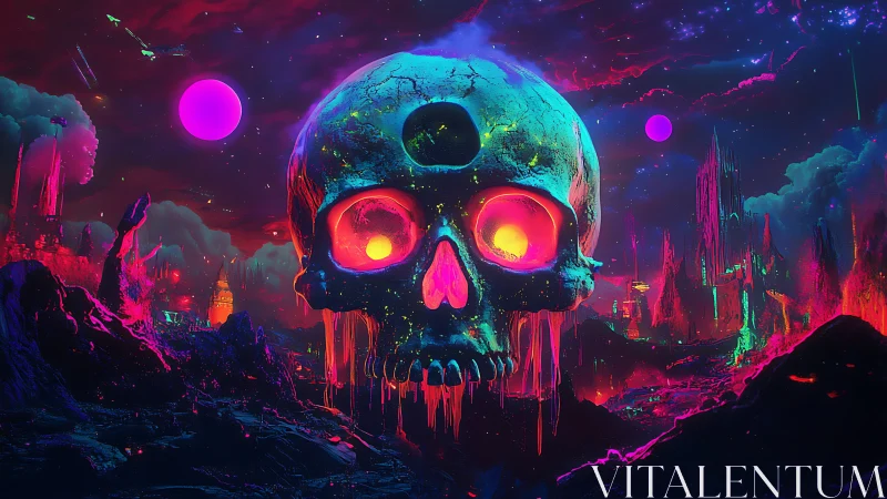 Neon cosmic skull looms over glowing apocalyptic landscape.