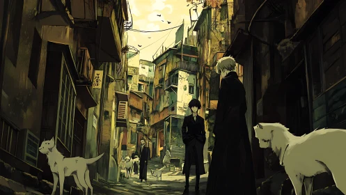 Stray dogs patrol while quiet detectives split the alley gloom