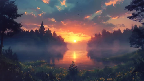 Mist-draped forest lake cradling a molten sunrise glow.