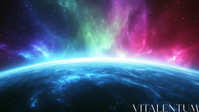 Vibrant cosmic horizon glows beneath radiant aurora sky.