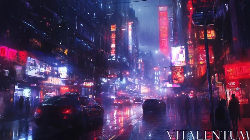 Neon rainstorm over crowded cyberpunk night avenue.