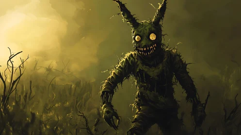 Grotesque rabbit monster stalks foggy toxic marshland