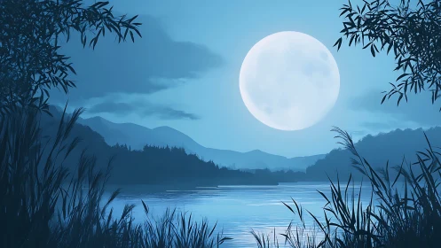 Full moon illuminates tranquil lakeside landscape in blue tones