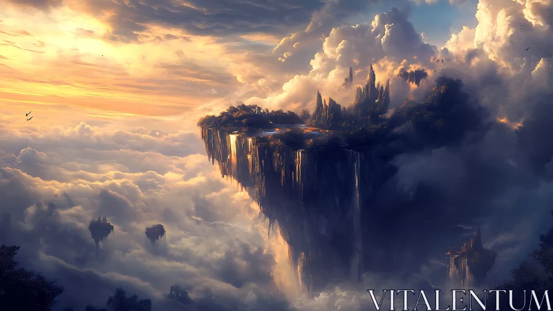 Skyborne cliffs cradle sunlit waterfalls above dreaming clouds.
