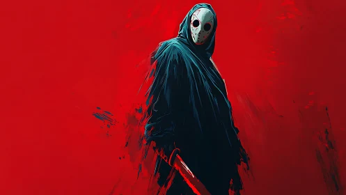 Masked midnight reaper stalks across a raging red void.