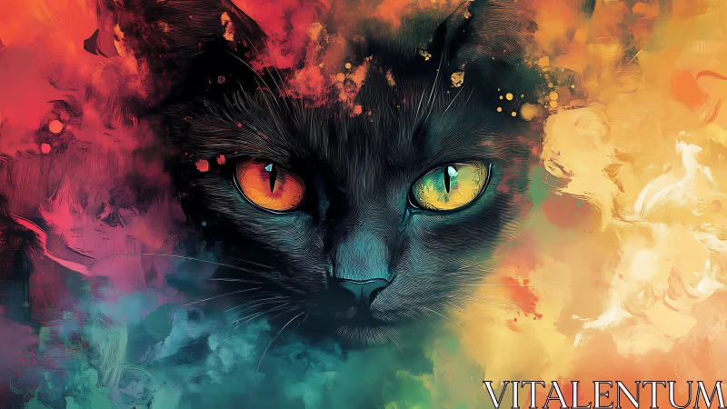 Mystical Cat with Golden Eyes Glowing in Vibrant Color Swirls