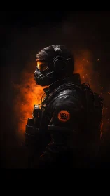 Tactical soldier in gas mask against intense orange fire.