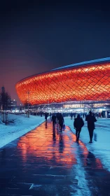 Luminous stadium glows above winter walkway crowds at night
