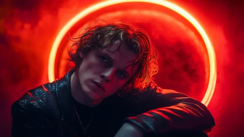 Portrait in red neon halo with central seated subject.