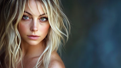 Soft-lit blonde portrait captures serene, freckled intensity.