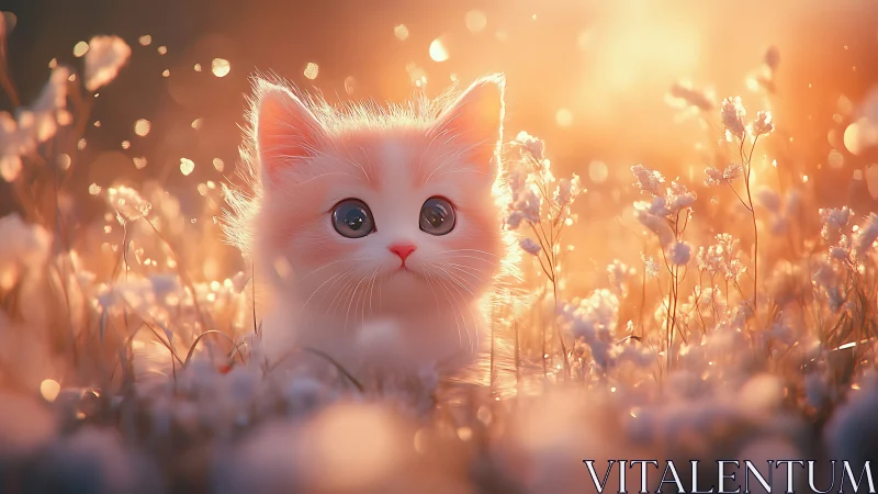 Ethereal white kitten in backlit field with soft bokeh lighting.